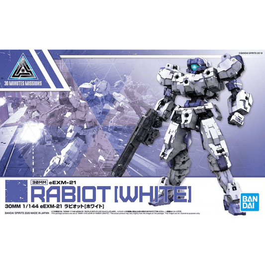 From Bandai's 30Minutes Missions (30MM) series comes the eEXM-21 Rabiot in white! The Rabiot is part of the Earth Allied Forces, and features a wider range of customization than the Alto unit thanks to its exterior C type joint structure. The chest parts for close combat, long-range sniping, and aerial combat are linked with the Alto unit. And it can be linked with any previously released weapon sets, too. By removing the grip parts and using the included optional parts, you can also use the Alto's optional