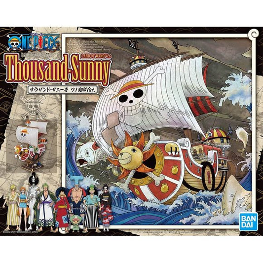The Land of Wano arc version of the Thousand Sunny from ONE PIECE will be available as a plastic model kit! Newly designed marking stickers and water decals to recreate the damage the ship suffered when it snuck in are included. Newly designed figures of all nine of the Straw hat Pirates in their Land of Wano arc attire are also included! Accessories include White hobby horse No1, Mini Merry No2, Shark Sumberge No. 3, and display base. Interchangeable parts are available to recreate Gaon Cannon and paddles