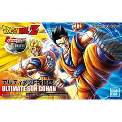 From "Dragon Ball Z", Ultimate Son Gohan powers up in Figure-rise Standard!  Equipped with a muscle build system Ultimate Son Gohan or Super Saiyan Son Gohan (Future Ver) can be made.  Hair, sleeves, waist band, and shoes are included as new parts to reproduce Super Saiyan Gohan (Future Ver). Marking stickers reproduce the scratches on the face and the letters on the back. Interchangeable normal and screaming facial expressions are included.  Facial expression parts X 2  Super Saiyan Son Gohan (Future Ver)