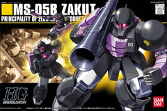 Zaku I in Black Trinity color scheme and comes with markings for Gaia, Masshu, and Oltega to apply on the kit. Zaku I's armaments include Zaku machine gun, Zaku bazooka, Sturm Faust, Heat Hawk, and spike shield. Display stand is not included.