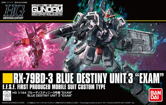 Here's an excellent HGUC kit of the RX-79BD-3 Blue Destiny Unit 3 Mobile Suit as it appeared in the Sega Saturn "Mobile Suit Gundam Side Story The Blue Destiny" game. Once completed, its joints are nicely articulated, and it comes with a beam saber, beam rifle, and shield. Foil stickers and decals are included for custom markings.