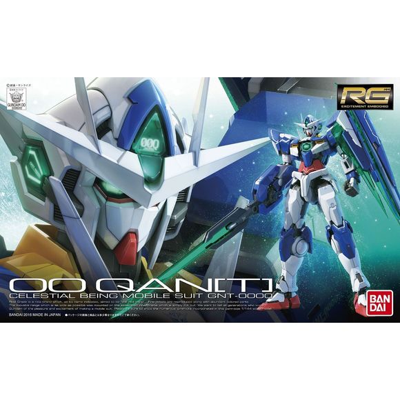 From "Mobile Suit Gundam 00" comes an amazing Real Grade kit of the GNT-0000 00 QAN[T]! The kit includes parts to build the Qan[T]'s weapon of choice, the GN Sword V, along with 6 GN Sword Bits, the massive GN Shield, and optional hands so it can hold all of its equipment! This highly detailed and articulated snap-fit kit is molded in multiple colors, with stickers for markings. Assembly Required.