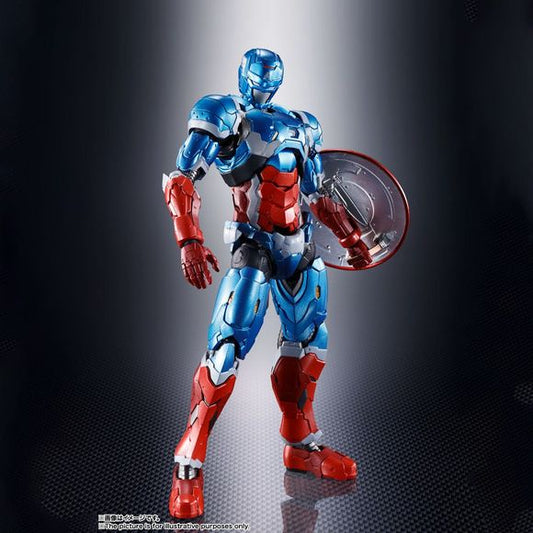 Captain America now joins Bandai's much-talked-about "Tech-On Avengers" S.H. Figuarts action-figure lineup! This figure faithfully reproduces the stylish form designed by Eiichi Shimizu; the texture of the metallic paint adds a luxurious look to the figure's presence. Newly developed joints and effects are used for his iconic shield to express his unique fighting style; the overwhelmingly powerful DH-10 mode can also be activated by adding special parts and transforming! This armored version of Cap can carr