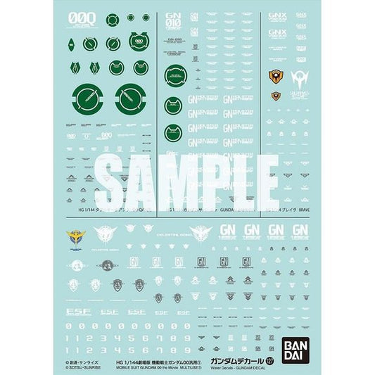 The Gundam Decal No.127 Mobile Suit Gundam 00: The Movie set comes with decals to decorate your 1/144 scale models.