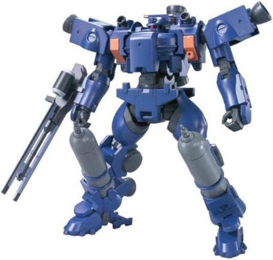 Molded in color, the blue Mobile Suit is armed with a 200mm x 25 calibur Smooth-Bore gun (space type) that can be mounted on either of its forearms, a 30mm machine gun on the left of its chest, and special equipment attachments that include a carbon wire launcher with bendable carbon wire, carbon net launcher, and gel launcher. Fully articulated with polycap joints, this kit has other movable parts including its mono-eye and nine flexible verniers. A sheet of foil stickers is included for detail.