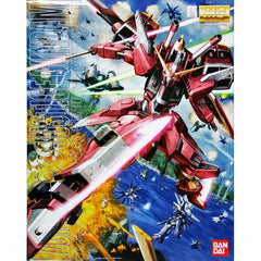 Included are a beam rifle that can be mounted on its back skirt armor, two "Super Lacerta" Beam Sabers that can combine to form a double-bladed beam weapon, and a left arm-mounted shield that stores a detachable "Shining Edge" Beam Boomerang and Grapple Stinger (a bendable wire is provided to display it in mid-deployment). Beam effect parts for the Beam Sabers, "Griffon" Beam Blades connecting the knees and feet, Beam Boomerang, and shield are provided as well. Accompanying Infinite Justice Gundam is the Ph