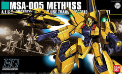 The Methuss is a transforming prototype mobile suit from Zeta Gundam often used as a support unit. Includes 2 underhand beam pistols, beam sabers and ability to transform into wave rider mode. Is compatible with Hyaku-Shiki Mega Launcher set to replicate the sequences where it is used as a power source.