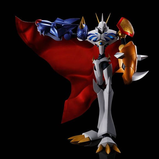 The Royal Knight Omegamon from "Digimon" joins the DYNACTION series! Standing at 400mm tall, this is a massive action figure featuring faithful colors and utilizing diecast metal parts for durability and heft. Boasting natural posability, this premium action figure takes even dramatic poses with ease, letting you re-create your favorite scenes. What's more, it comes with a dynamic 750mm long cape made of cloth that can take poses of its own. Optional parts allow you to change the direction of Omegamon's gla
