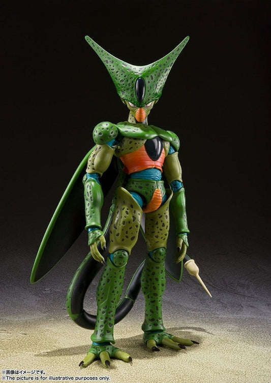 Cell returns to the S.H.Figuarts line with this First Form version. Cell stands over 6 inches tall and features interchangeable hands and faces, as well as assorted tail parts. Incorporating cutting-edge action figure technology, you can replicate Cell's trademark battle poses.