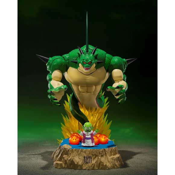 PORUNGA & DENDE LUMINOUS DRAGON BALL SET, as seen in "Dragon Ball Z," joins S.H.Figuarts! Porunga's titanic size s accentuated by dramatic posability and optional hands that let you re-create your favorite scenes! And an optional head and hands for Dende let you capture his summoning pose! The sculpting, colors, and posability of S.H.Figuarts combine with the sounds and light-up in this amazing set. An NFC reader is built into the stand, and Porugna and Dende are tagged with chips. Place Dende atop the stan