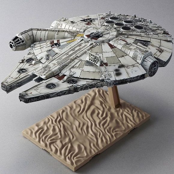 The Millennium Falcon as seen in The Last Jedi has been faithfully recreated as a 1/144 scale model kit! Set includes dedicated display base, rear engine effect part, 1/144 Finn, 1/144 Rey, 1/144 Han Solo, 1/144 Chewbacca, canopy x2 (clear and frame), hatch open/close parts x1 set, and landing gears x1. Runner x10. Water-transfer decal x1. Marking sticker x1. Instruction manual x1.
