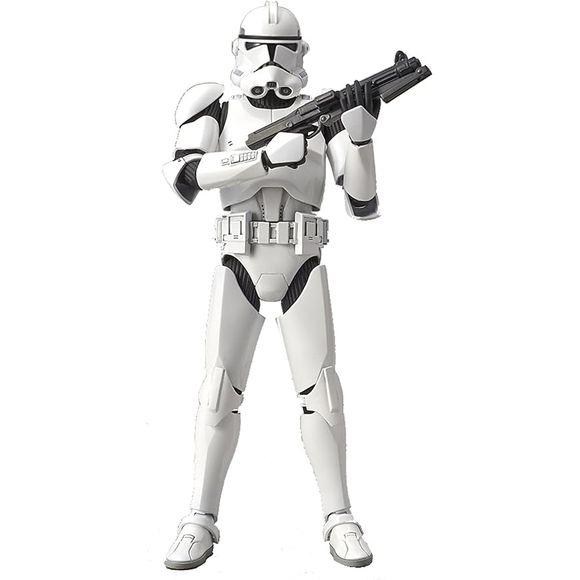 From Star Wars Attack of the Clones comes the Clone Trooper model kit. Once built the 1/12 scale Clone Trooper model kit will stand 6 inches tall. This kit includes 2 blasters, 6 interchangeable hands, and 2 helmet options for you to display in your Star Wars collection! Runners x6, Sticker Sheet x2 and Manual x1