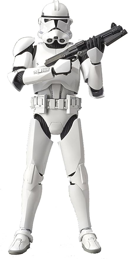 From Star Wars Attack of the Clones comes the Clone Trooper model kit. Once built the 1/12 scale Clone Trooper model kit will stand 6 inches tall. This kit includes 2 blasters, 6 interchangeable hands, and 2 helmet options for you to display in your Star Wars collection! Runners x6, Sticker Sheet x2 and Manual x1