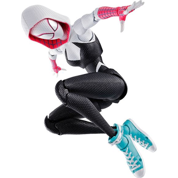 Spider-Gwen, as seen in the theatrical film "Spider-Man: Across the Spider-Verse," returns to Bandai's "S.H.Figuarts" action-figure series! She's insanely posable for all sorts of spectacular action, and she has an interchangeable head with narrowed eyes, as well as an unmasked head