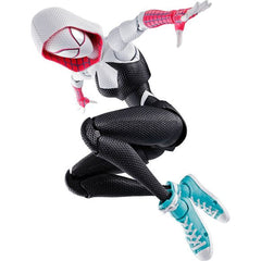 Spider-Gwen, as seen in the theatrical film "Spider-Man: Across the Spider-Verse," returns to Bandai's "S.H.Figuarts" action-figure series! She's insanely posable for all sorts of spectacular action, and she has an interchangeable head with narrowed eyes, as well as an unmasked head