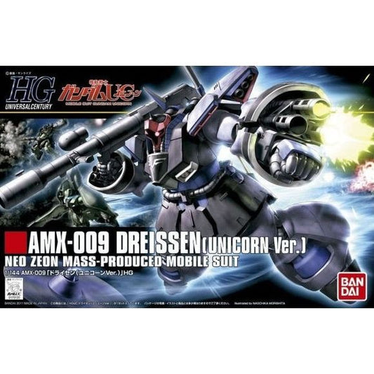 More Bandai High-Grade Gundam kit goodness, this time in the form of the AMX-009 Dreissen from Gundam Unicorn.  The Dreissen comes with armed with a Giant Bazooka, Heat Saber, Beam Cannon,  and a Beam Tomahawk/Lance.  It even comes with three detachable Tri-blades.  Marking stickers are also provided.