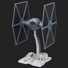 A highly iconic ship from the Star Wars universe, the TIE Fighter has been faithfully recreated in 1/72 as a plastic model kit utilizing Bandai trade mark color injection process. Set includes Dedicated display base that can connect with other display stands to build out battlefields