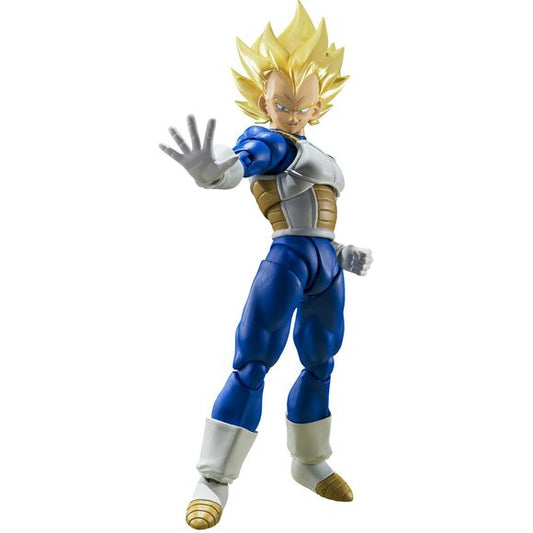 <p>Super Saiyan Vegeta from "Dragon Ball Z" joins the "S.H.Figuarts" action-figure lineup from Bandai! This figure features coloring more reminiscent of the movie; he comes with two interchangeable faces and a total of seven interchangeable hands, including a thumbs-up hand! His hair is painted in pearl colors inspired by the luminescence of energy, and interchangeable arms are also included. Order him for your own collection today!</p>
<p>[Figure Size]: Approximately 13.5cm tall [Materials]: PVC, ABS</p>
<