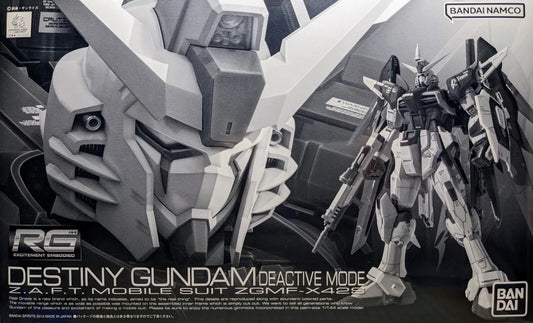 The new Destiny Gundam from the RG series is now available in deactive mode! 
The RG series, which features color-coding reproduction that is unparalleled in 1/144, Thorough reproduction of the deactive image color with molding color. 
Comes with a realistic decal that pursues a realistic expression. 
Attached armed: beam rifle / beam saber / beam boomerang / beam sword / Long-range beam cannon / shield / beam shield