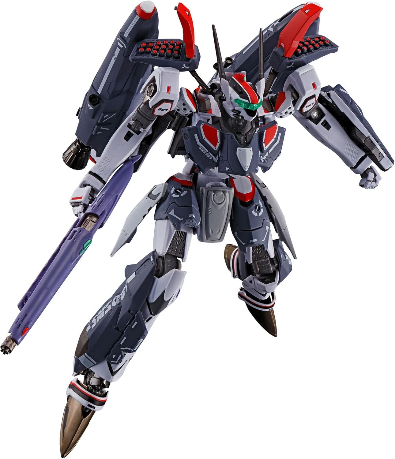 From "Macross Frontier," the most popular of the Macross series, comes the VF-25F SUPER MESSIAH VALKYRIE(ALTO SAOTOME CUSTOM) REVIVAL Ver. This re-issue of the classic product comes with super parts in a matte finish to enhance the already high-quality feel, plus some additional new markings. [Set Contents] Main body, Gunpod, Assault knife, Pilot figure, Three pairs of optional hands, Alto Saotome figure, Figure stand, Lead wires, Super parts set, Stand.