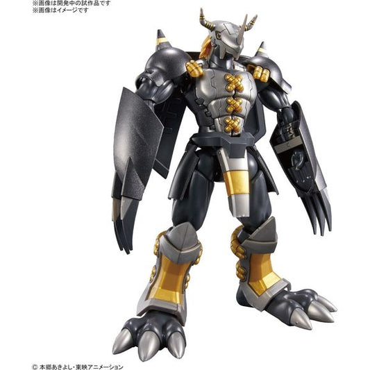 From "Digimon Adventure 02", "Black War Greymon" is three-dimensionalized from Figure-rise Standard! Metallic molding makes this kit even more impressive!

FEATURES: 
- Various poses are possible, such as raising both arms, arching the chest, and spreading the legs wide.
- Secure a wide range of motion that allows you to reproduce the action of wielding the special moves "Gaia Force of Darkness" and "Dramon Killer" in the anime.
- The shield can be moved independently on the left and right, and can be angle