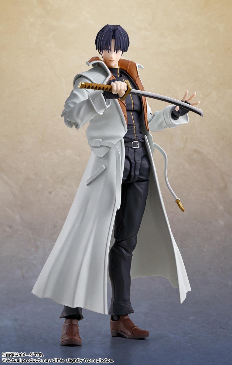 Shinomori Aoshi from the TV anime "Rurouni Kenshin -Meiji Swordsman Romantic Story-" joins the "S.H.Figuarts" action-figure series from Bandai! This figure was made under the supervision of original author Nobuhiro Watsuki! A wide variety of interchangeable parts are included for various poses; combined with the outstanding articulation of the S.H.Figuarts lineup, you'll be able to recreate all your favorite poses and scenes from the show.