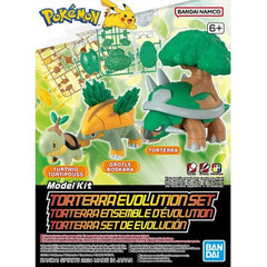 This simple snap-fit plastic kit set allows modelers to build Pikachu and three evolution forms of Torterra, consisting of Turtwig, Grotle, and Torterra. All parts come molded in color and a sheet of stickers is provided for detail so no painting is required.