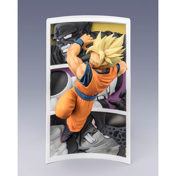 PRE-ORDER: Expected to ship in May of 2026

This product brings to life a famous illustration featuring Super Saiyan Son Goku. The backdrop showcases his past foes, including King Piccolo, Fourth Form Frieza, and Perfect Cell. In addition to Son Goku bursting from the scene, the characters in the background are also reproduced in detailed relief. [Set Contents] Main body
