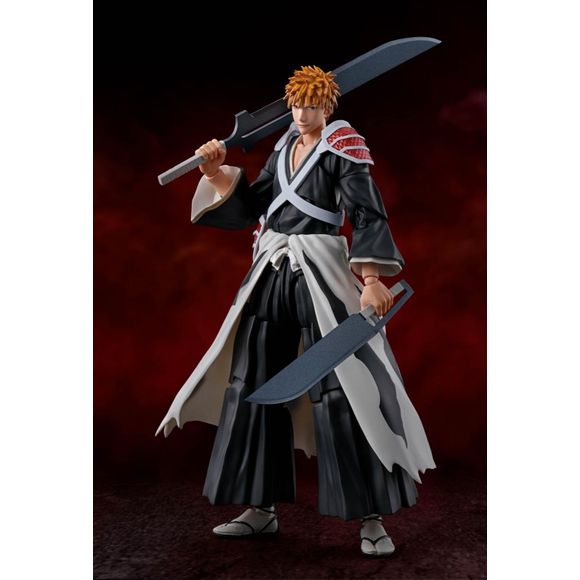 PRE-ORDER: Expected to ship in January of 2025
Ichigo Kurosaki from BLEACH comes back to the S.H.Figuarts series, this time with two Zangetsu in hand. The entire figure is made with a new and improved mold. Coming with an expansive selection of option parts, including effect parts for Getsuga Tensho"and Getsuga Jujisho, as well as four swords in order to display both the drawn and sheathed versions of both swords.