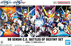 Popular SD Gundams from Mobile Suit Gundam Seed and Mobile Suit Gundam Seed Destiny are back in a set! This fun set of easy-to-assemble and includes the following:

BB Senshi 257 Freedom Gundam
BB Senshi 280 Force Impulse Gundam
BB Senshi 288 Strike Freedom Gundam
BB Senshi 290 Destiny Gundam
Stickers (x4)