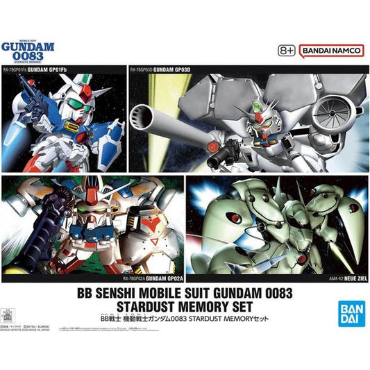 The popular super-cute "SD Gundam" model kits are back -- this time in a set of Mobile Suits from "Mobile Suit Gundam 0083 Stardust Memory"! Includes one each of the following:

BB Senshi 193 -- Gundam GP01Fb
BB Senshi 202 -- Gundam GP02A
BB Senshi 207 -- Gundam GP03D
BB Senshi 224 -- Neue Ziel
Stickers (x4)
Lead wire