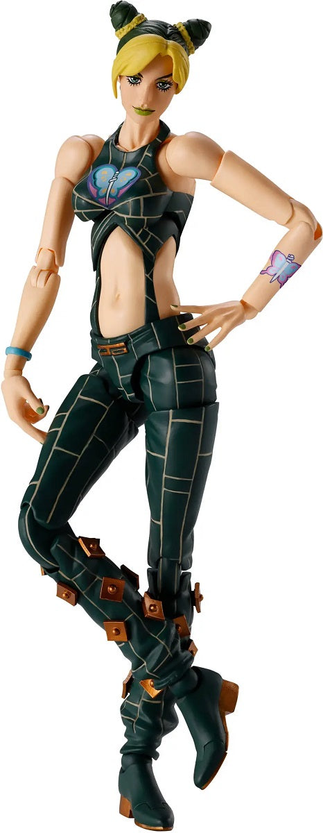 PRE-ORDER: Expected to ship in January of 2027.

Jolyne Cujoh from "JoJo's Bizarre Adventure: Stone Ocean" joins Bandai's "S.H.Figuarts" action-figure lineup! This figure features a movable mechanism that allows her to get into all of her iconic poses from the series, as well as expressive action poses! To express her clear-cut facial features to the limit, Tamashii Digital Coloring Technology is used, and a special set of hands is included to allow her to unleash her "Stone Free" stand when combined with f