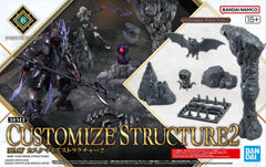 This "Customize Structure" set from Bandai's "30MF (30 Minutes Fantasy)" model-kit series lets you expand the possibilities for creating adventure situations!

The set includes a stone pillar and a rock as scenery parts; the torch included with the "30MF Fantasy Item Shop 4" can be attached to the pillar. 
A bat, a one-eyed monster, and a trap monster are included.
The trap monster can be combined with the treasure chest included with the "30MF Fantasy Item Shop 1 (Knight Option)" set.
Some of the monsters