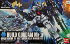Build Sei Iori's customized Mobile Suit from Gundam Build Fighters with the Build Gundam Mk-II HG 1/144 Model Kit from Bandai Hobby! Based on the classic Gundam Mk-II, this customized version features a distinctive color scheme and upgraded equipment designed for Gunpla Battle.

The Build Gundam Mk-II comes equipped with its recognizable Build Booster Mk-II, featuring a pair of long Beam Rifles that can be positioned for a variety of combat poses. The booster can also be separated from the Mobile Suit, addi