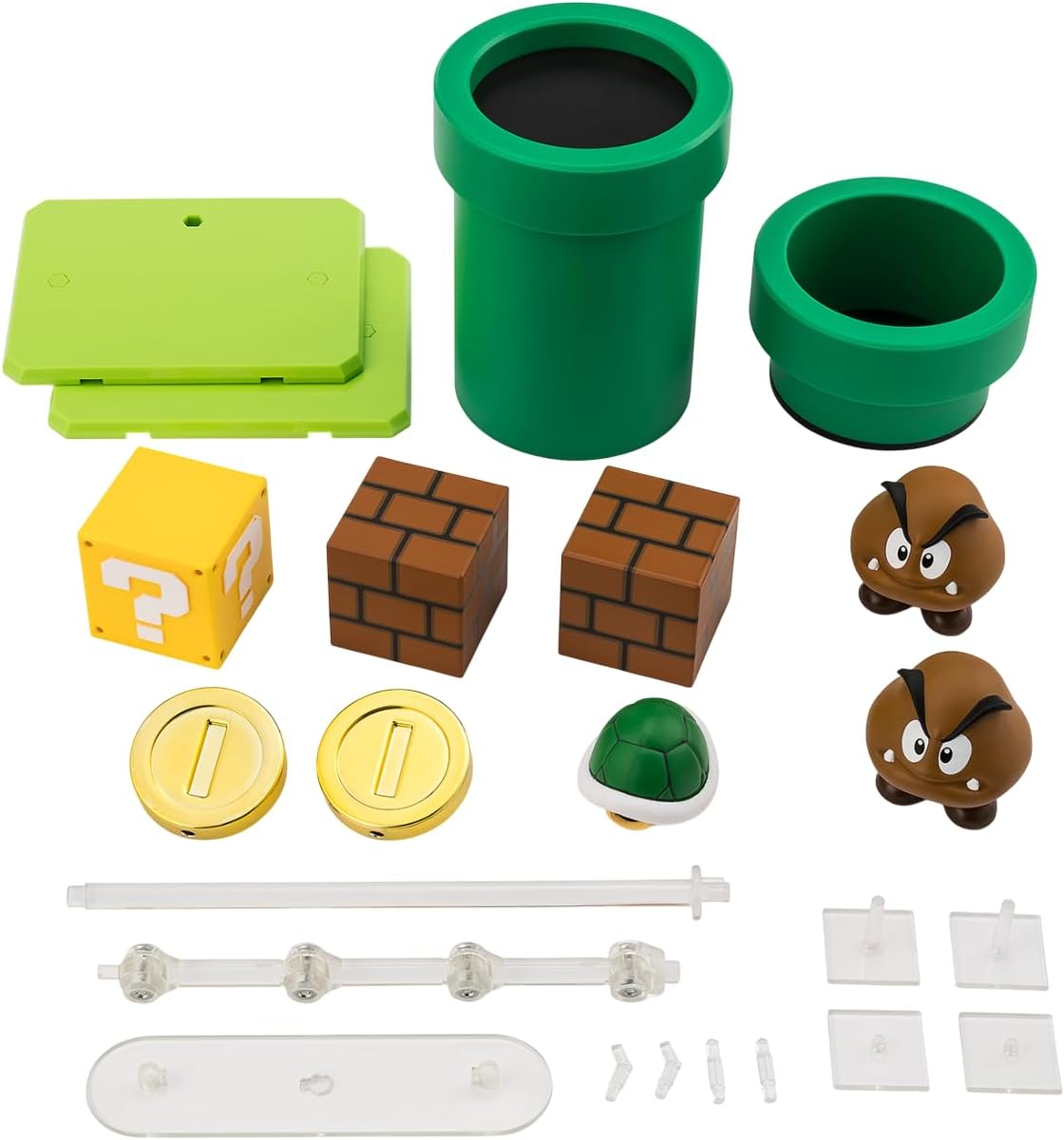 The world of "Super Mario Brothers" expands even further with this new playset. In addition to the well-known item, which includes green shell and coins, item, which includes question mark block, brick blocks, and green pipes, is also included. Various scenes can be recreated by combining with other products in the series (sold separately). Two enemy characters, Goomba, are also included.