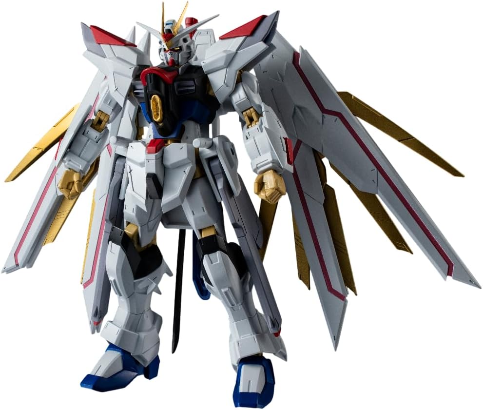 Mighty Strike Freedom Gundam from Mobile Suit Gundam SEED FREEDOM joins GUNDAM UNIVERSE! 

This figure adopts the UNIVERSAL REACTION FRAME, pursuing an optimal range of motion and ease of play that enables faithful recreation of on-screen action. Distinctive design reproduced while balancing playability and stylish looks. The backpack can also be displayed as the Proud Defender by using the included joint. 5.9 inches (15cm) tall.