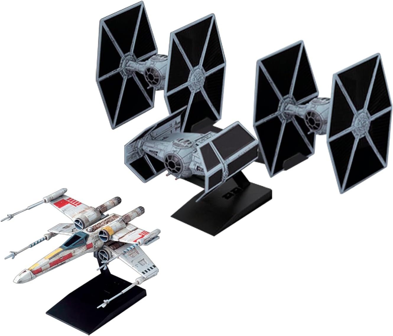 This collection-size small-scale model kit recreates iconic starships and vehicles from the Star Wars universe in a compact format with finely detailed molding.

It reproduces the famous Death Star trench run scene from Star Wars: Episode IV – A New Hope. The set includes Luke’s X-Wing (Red 5) pursued by Darth Vader’s TIE Advanced x1 and two TIE Fighters. NO GLUE: All of the parts can be easily put together without any glue. EASY COLOR RECREATION: The one and only technology that enables four colors to be a