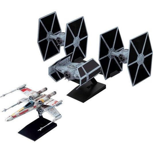 This collection-size small-scale model kit recreates iconic starships and vehicles from the Star Wars universe in a compact format with finely detailed molding.

It reproduces the famous Death Star trench run scene from Star Wars: Episode IV – A New Hope. The set includes Luke’s X-Wing (Red 5) pursued by Darth Vader’s TIE Advanced x1 and two TIE Fighters. NO GLUE: All of the parts can be easily put together without any glue. EASY COLOR RECREATION: The one and only technology that enables four colors to be a