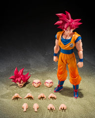 From Dragon Ball Super, Super Saiyan God Son Goku joins S.H.Figuarts with an all-new sculpt!

Goku has been realized with a brand-new sculpt that pays meticulous attention to proportions, facial expressions, and fine details. This figure incorporates newly engineered articulation developed for the S.H.Figuarts Dragon Ball series—particularly adopting the Dynamic-Movable Shoulder System (patent pending) for the shoulders. 5.7 inches (14.5cm) tall.

Includes:
Super Saiyan God Goku figure
4 Pairs of interchang