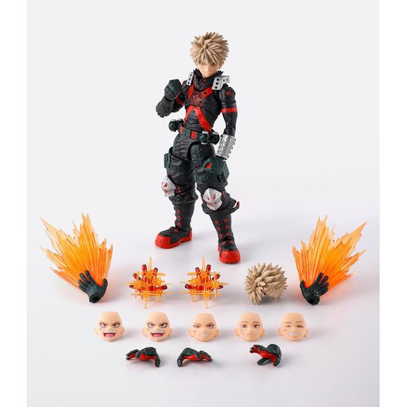 From the TV anime "My Hero Academia," Katsuki Bakugo joins S.H.Figuarts in his revived form from the final battle. The figure includes a wide variety of optional parts to recreate his last battle scenes. [Set Contents] Main body, 3 left and 4 right interchangeable hand parts, 5 interchangeable expression parts, set of interchangeable hair parts, 2 sets of explosion effect parts