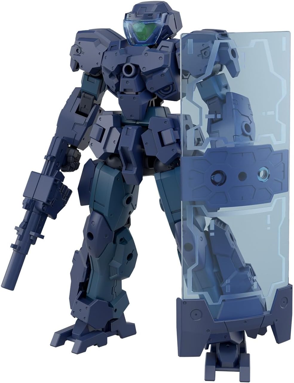 From the Earth Allied Forces, TECPROT 01 is a security‑type mass‑production unit designed for domestic peace‑keeping. This 30 MINUTES MISSIONS kit focuses on clean build and flexible display: a large shield uses new molding to reproduce its emblem in a single part, the clear visor can be posed open or closed, and armor panels remove to switch into a light‑equipment configuration. The rear skirt relocates to the back for alternate equipment layout, while articulation built across the frame supports steady, u