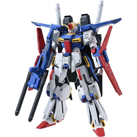 Hajime Katoki supervised Bandai's newest "Master Grade" Gunpla kit -- make way for the Full Armor ZZ Gundam, Ver. Ka, from "Mobile Suit Gundam ZZ"! The add-on armor can be rearranged to attach the Hyper Mega Cannon; you can also remove the add-on armor to recreate the Enhanced ZZ Gundam. The add-on armor parts have been carefully adjusted to fit the mech's main body, achieving proportions that don't give it a bulky impression. The Double Beam Rifle can be attached to the forearm, or held in the hands; the H