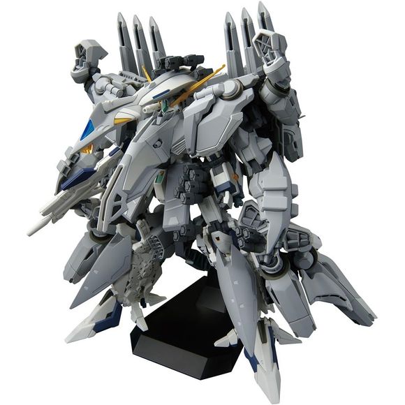 The super-large mobile suit Alyzeus from "Mobile Suit Gundam Hathaway: The Sorcery of Nymph Circe" makes its model-kit debut thanks to Bandai, with a completely new mold! The size, color separation, articulation, and gimmicks are all reproduced with the highest level of detail in HG history! This model kit is interchangeable and transformable into four different forms: MS form, flight form, Alyzeus half-destroyed state, and mass-production Type v Gundam (separated). A display base is included for the differ
