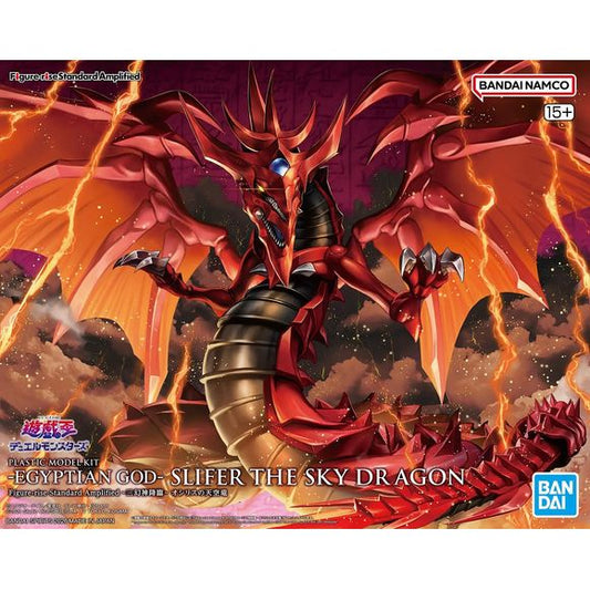 This "Figure-rise Standard" model kit from Bandai allows you to "amplify" the character's presence with an original arrangement! Slifer, the Sky Dragon of Osiris, one of the Three Phantom Gods, moves into the "Amplified" series! His undulating body and massive wings are accurately recreated for a majestic presence; his distinctive two movable jaws create an Amplified interpretation of his "Super Electric Wave Thunder Force"! A display base is included so you can show off this beautiful beast to his best adv