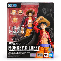 <p>Set sail with <strong>Monkey D. Luffy</strong> from <strong>One Piece</strong> with this special <strong>S.H.Figuarts The Raid on Onigashima - Exclusive Edition</strong> action figure from Bandai Tamashii Nations!</p>

<p>Based on Luffy's appearance during the Raid on Onigashima arc, this highly articulated figure captures the future King of the Pirates in his iconic red jacket, orange shorts, purple sash, straw hat, and battle-ready expression.</p>

<p>The figure includes multiple interchangeable face a
