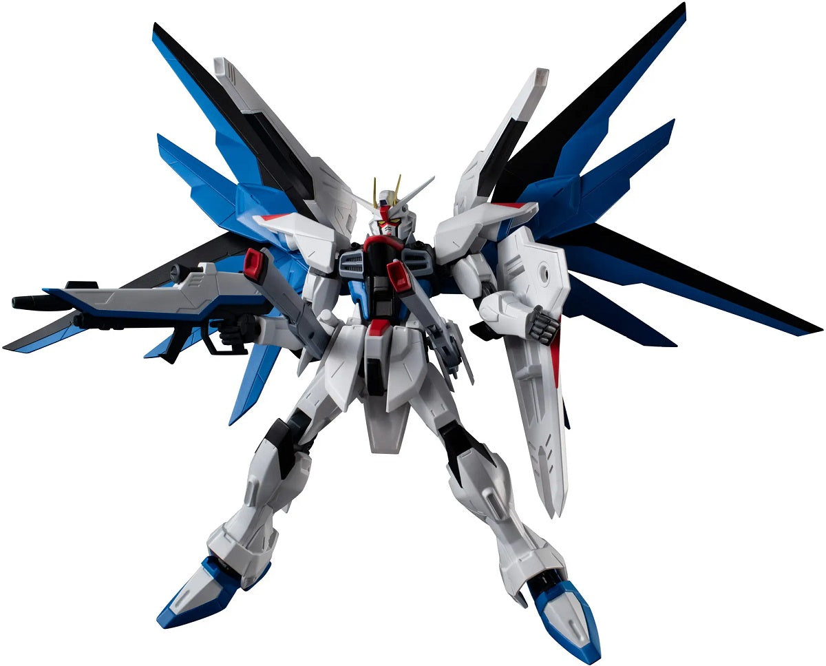 PRE-ORDER: Expected to ship in November 2026.

The Freedom Gundam, a standout performer in "Mobile Suit Gundam Seed," joins Bandai's "Gundam Universe" series as a renewed edition! This figure incorporates the Universal Reaction Frame to pursue the optimal range of articulation and playability necessary to faithfully recreate scenes from the anime! It captures the suit's distinctive design while balancing ease of posing with a stylish aesthetic.

In addition to the Hi-MAT Mode and Full Burst Mode, the iconic