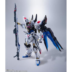 METAL BUILD STRIKE FREEDOM GUNDAM is back! In addition to the highly acclaimed design arrangement, the texture unique to a finished product with paint and the gold-plated joints create an incredible presence. The STRIKE FREEDOM GUNDAM was created by a team of talented creators, with every detail carefully considered, from the molding to the gimmicks and coloring. Electrolytic plating is used on the metal joints, creating an overwhelming texture and presence. 7.7 inches tall (19.5cm). Made of ABS, PVC, and d