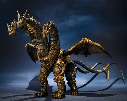 <p><strong>PRE-ORDER: Expected to ship in May of 2027.</strong></p>

<p>The ultimate foe from Godzilla: Final Wars, Kaizer Ghidorah, joins the S.H.MonsterArts lineup from Bandai Tamashii Nations in a massive size.</p>

<p>Sculpted from suit reference materials, the figure recreates Kaizer Ghidorah's three heads (each with its own expression), weighty torso and scale-like body texture, finished in its signature gold with bluish line accents painted across the body. A wide range of articulation keeps natural