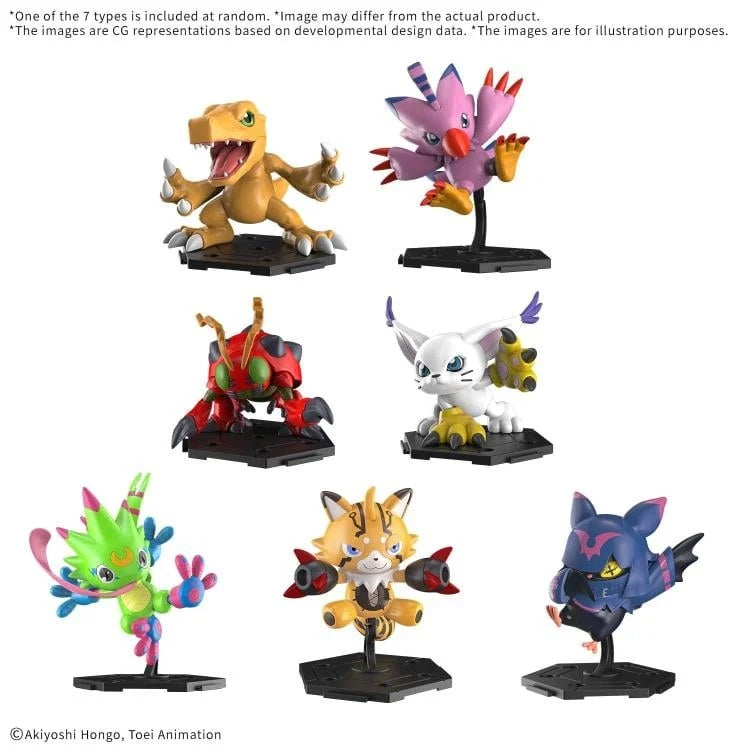 <p>Build and collect your favorite Digimon with the <strong>Bandai Digimon Gathering Part 1</strong> blind-box model kit series!</p>

<p>Each box contains <strong>1 random Digimon model kit</strong> from a lineup of seven possible characters. The kits feature pre-colored plastic parts and are designed for straightforward assembly, making them a fun collectible for both Digimon fans and model kit builders.</p>

<p>Each model also includes a dedicated display base, allowing the completed Digimon to be posed a