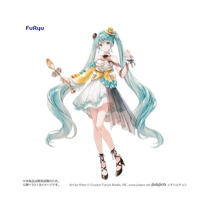 <p><strong>PRE-ORDER: Expected to ship in May of 2027.</strong></p>

<p>Hatsune Miku teams up with <strong>TIROL CHOCO</strong> for a special alternate-color version of the <strong>Coffee Nougat</strong> collaboration figure from FuRyu!</p>

<p>Based on artwork by <strong>Hiten</strong>, Hatsune Miku is dressed in an elegant confectionery-inspired outfit featuring soft white tones, turquoise accents, and warm gold and yellow details unique to this <strong>Another Color Ver.</strong> Her flowing twin tails,